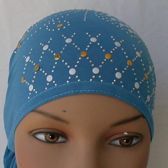 Turquoise Pre-Tied Stud Fashion Cap Slip On Bonnet Hijab Undercap #2 - Picture 2 of 3